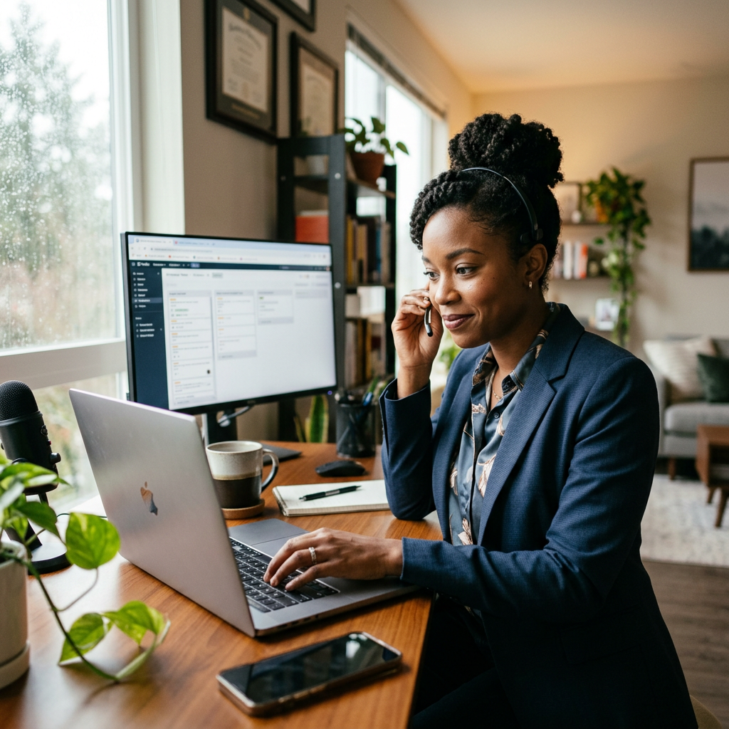 Woman in business attire using a laptop and headset at a home office desk